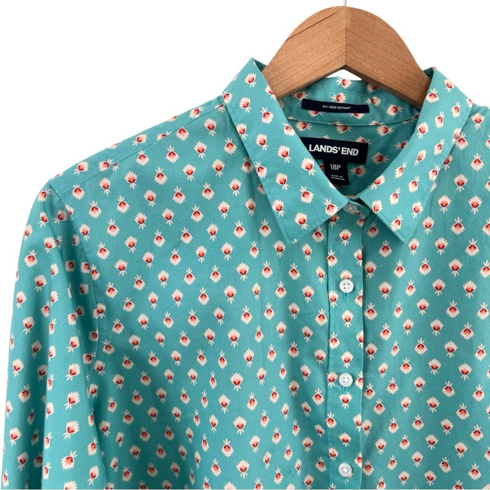 Lands' End Women's Teal and White Floral Button-Down Shirt